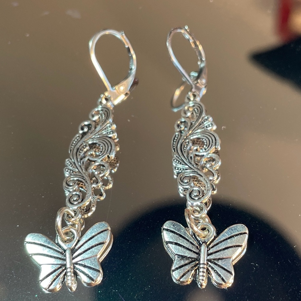 Silver Tone Filigree Butterfly Dangle